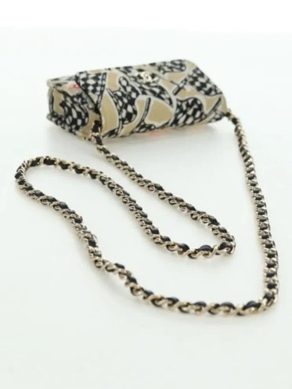 CHANEL Matelasse Checker Flag Chain Pouch Cotton Beige CC Auth YKZ1020SAM